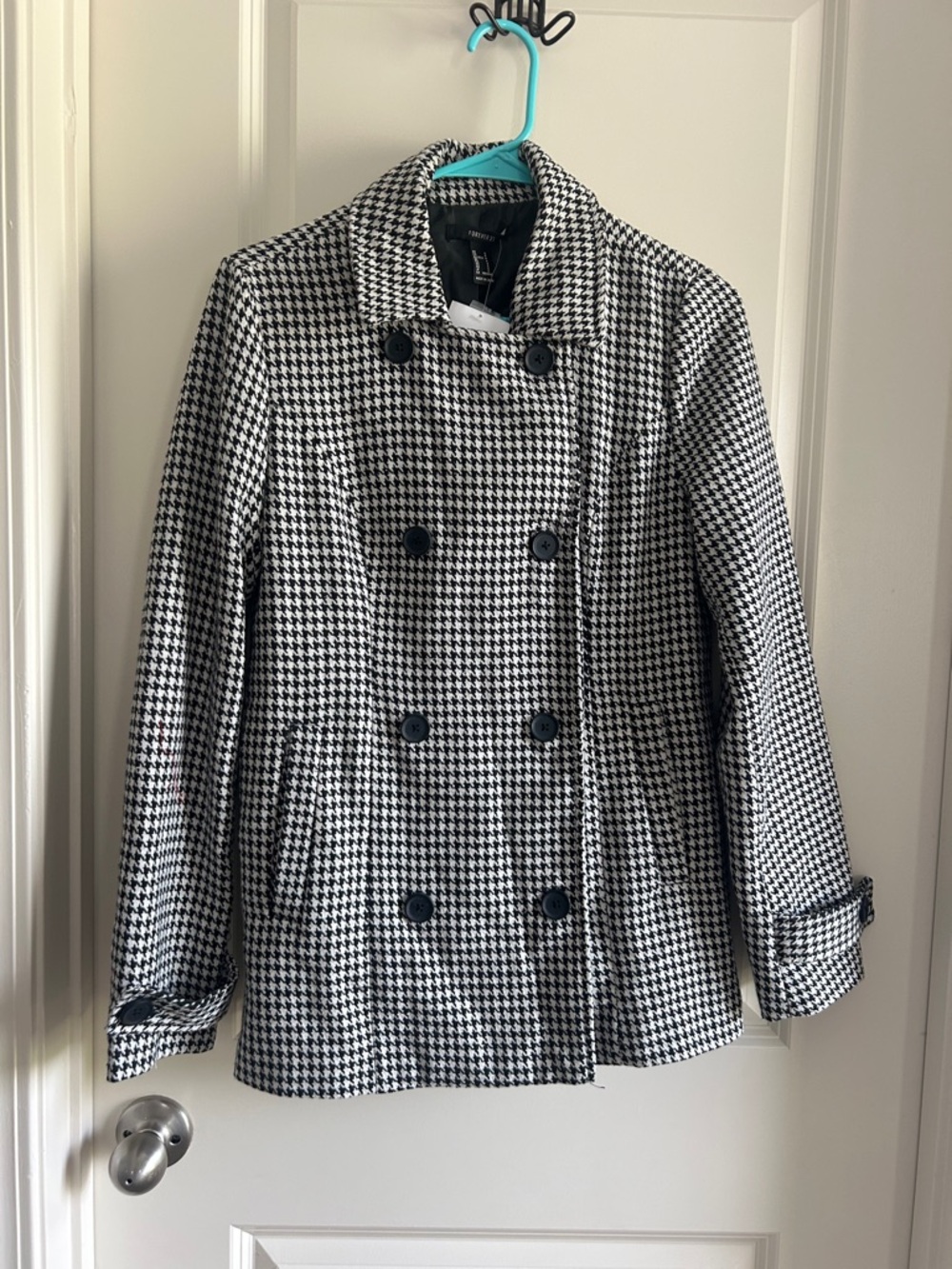 Forever 21 Black & White Houndstooth Double-Breasted Pea Coat